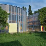 ArchitektInnen / KünstlerInnen: Adolf Krischanitz<br>Projekt: Traisenpavillon<br>Aufnahmedatum: 05/88<br>Format: 6x7cm C-Dia<br>Lieferformat: Scan 300 dpi<br>Bestell-Nummer: 2222/11<br>