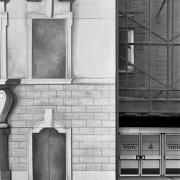 ArchitektInnen / KünstlerInnen: Franziska Ullmann<br>Projekt: Fassade Mozarts Sterbehaus, Stofffassadenkulisse<br>Aufnahmedatum: 04/91<br>Format: 4x5'' C-Dia<br>Lieferformat: Scan 300 dpi<br>Bestell-Nummer: N2229/17<br>